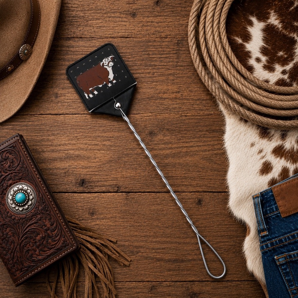 Two Fly Co Fly Swatter Brown Leather Hereford Bull Western Farmhouse New